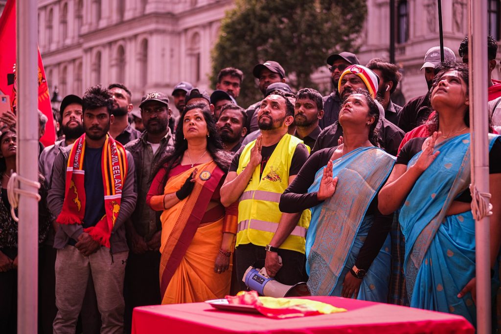 Members of the Tamil diaspora community gathered opposite 10 Downing Street to commemorate the beginning of the anti Tamil pogroms in Sri Lanka forty years ago in 1983