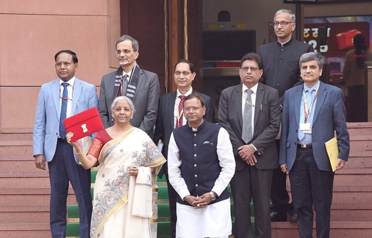 The Union Minister for Finance and Corporate Affairs, Smt. Nirmala Sitharaman along with the Ministers of State for Finance, Shri Pankaj Chaudhary as well as her Budget Team/senior officials of the Ministry of Finance arrived at the Parliament House to present the Union Budget 2025, in New Delhi on February 01, 2025. (Wikimedia Commons)